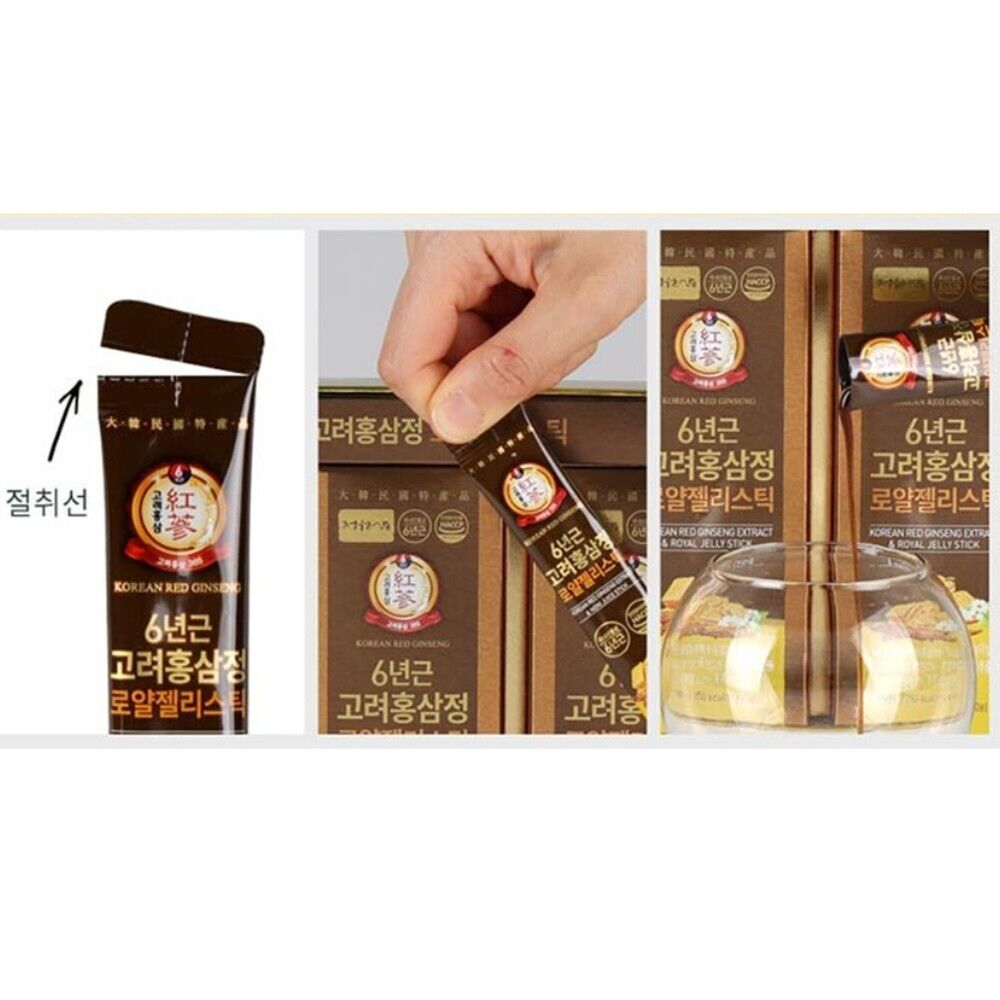 Jungwonsam Korean Red Ginseng Royal Jelly Stick – 6-Year Root Extract, 30 Sticks + Gift Bag