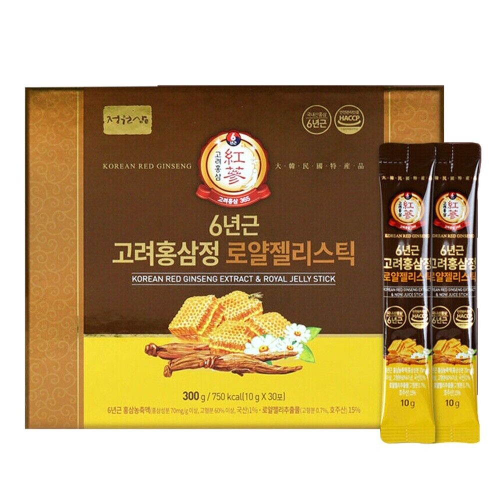 Jungwonsam Korean Red Ginseng Royal Jelly Stick – 6-Year Root Extract, 30 Sticks + Gift Bag
