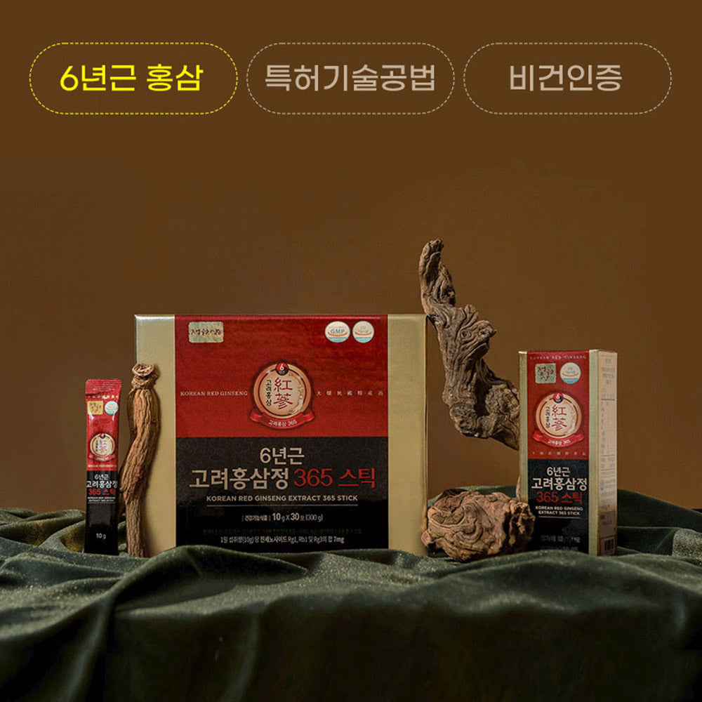 Jungwonsam Korean Red Ginseng Extract 365 Stick – 6-Year Root (10g × 30 Sticks) + Gift Bag