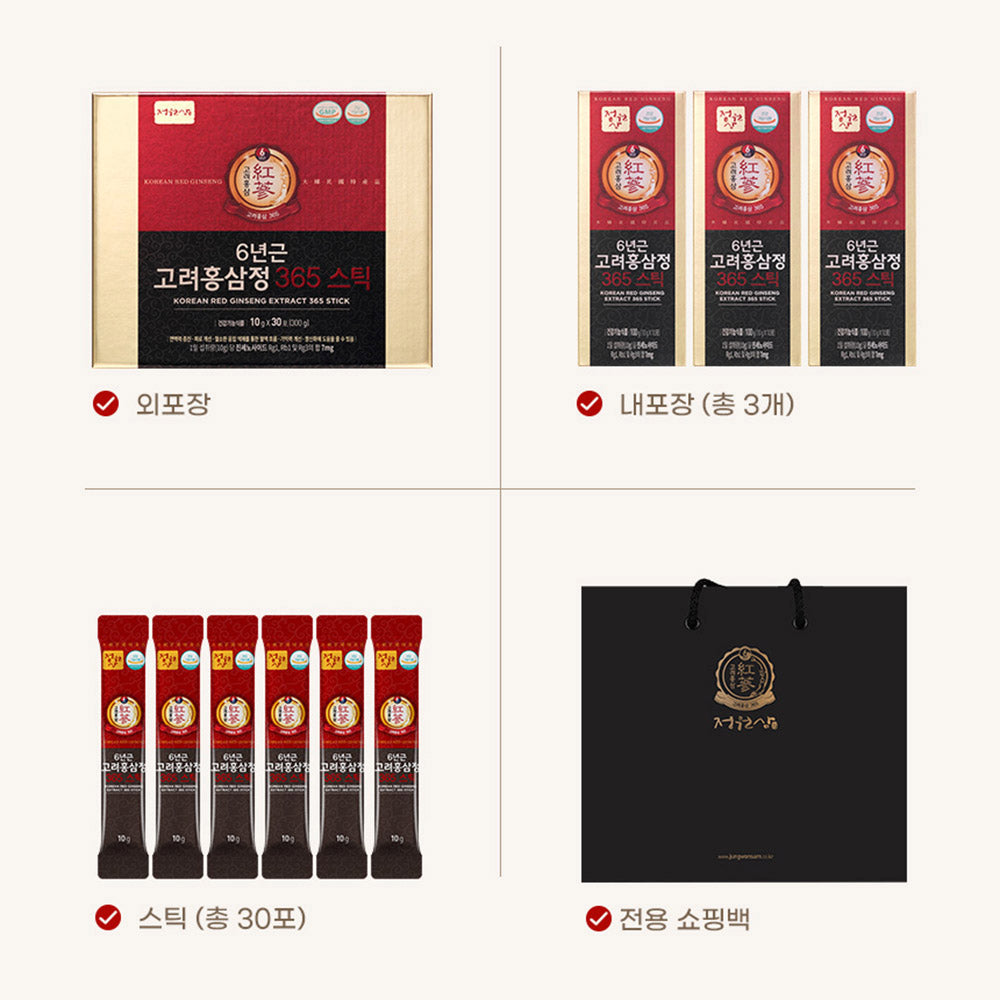 Jungwonsam Korean Red Ginseng Extract 365 Stick – 6-Year Root (10g × 30 Sticks) + Gift Bag