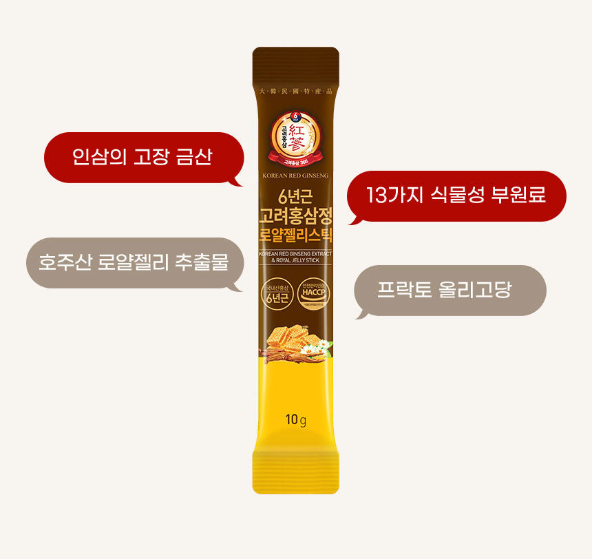 Jungwonsam Korean Red Ginseng Royal Jelly Stick – 6-Year Root Extract, 30 Sticks + Gift Bag