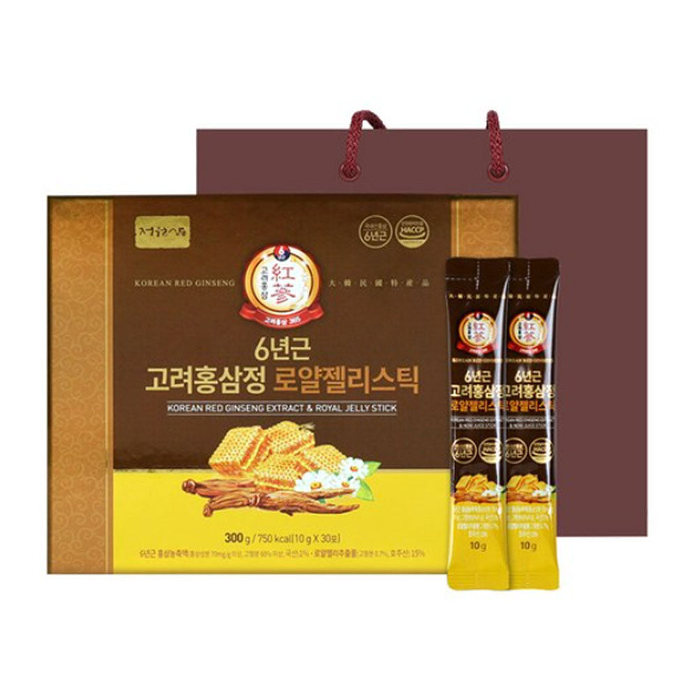Jungwonsam Korean Red Ginseng Royal Jelly Stick – 6-Year Root Extract, 30 Sticks + Gift Bag